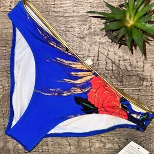 Gottex Floral Bikini Bottoms Sz 8 – Royal Blue Gold Trim Tropic Print Swimwear